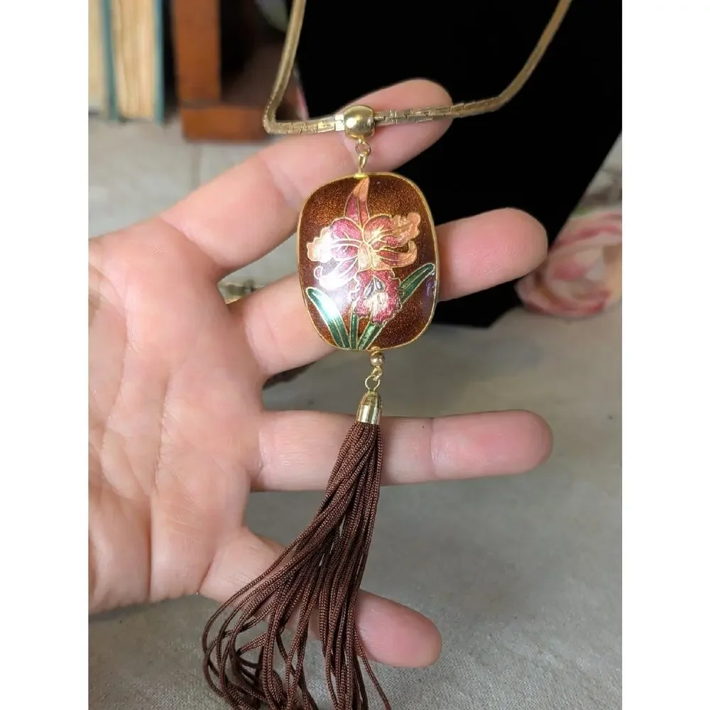 Vintage Cloisonné Style Orchid Tassel Necklace With Hinge Cuff Bracelet